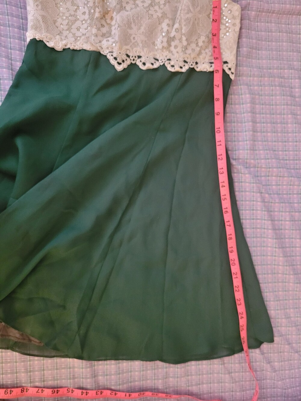 Vintage Green Chiffon Dress with Ivory Lace Bodice Size Small - Picture 12 of 12